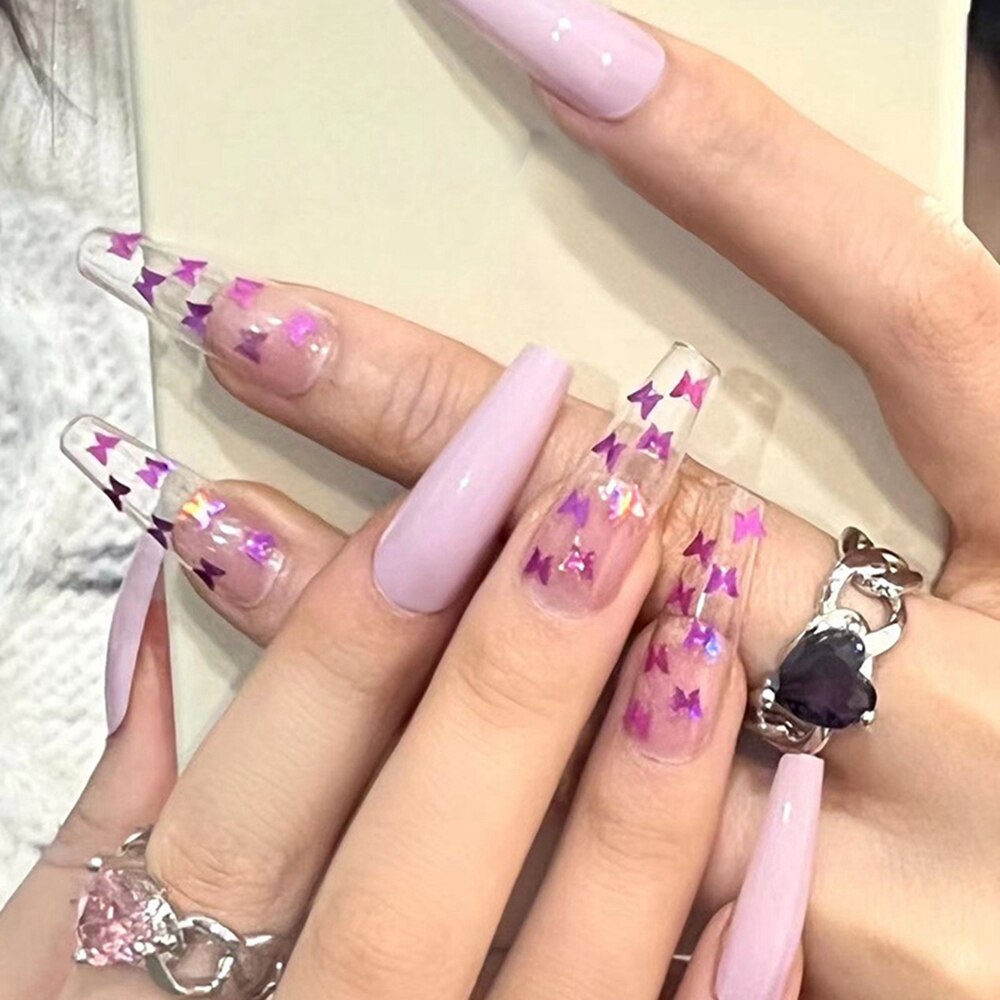 Lilac gradient Butterfly Pattern Fake Nails Full cover False Nails Extra Long Ballerina Coffin Nails Manicure Nail Art