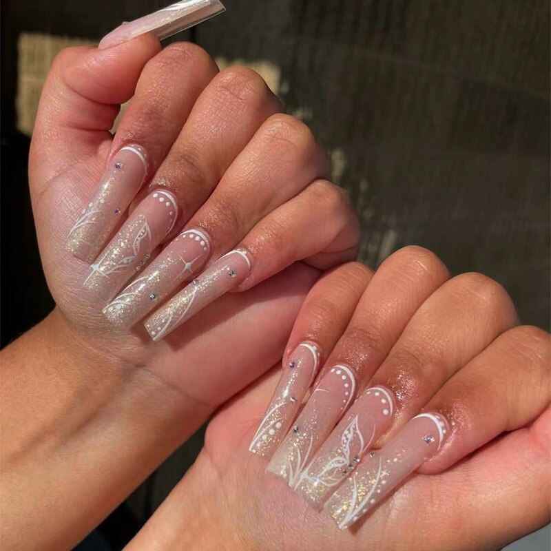 24pcs False Nails with glue flower design Long Coffin French Ballerina Fake Nails Full Cover acrylic Nail Tips Press On Nails