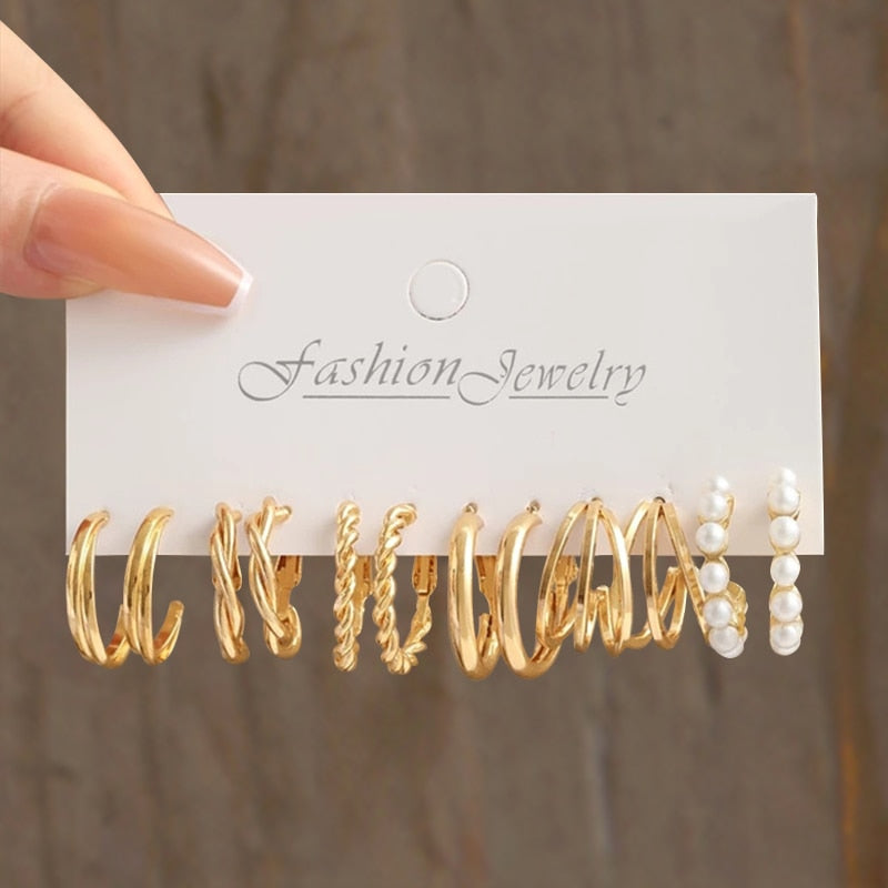 17KM Gold Color Twist Hoop Earrings Set for Women Girls Heart Pearl Metal Earring