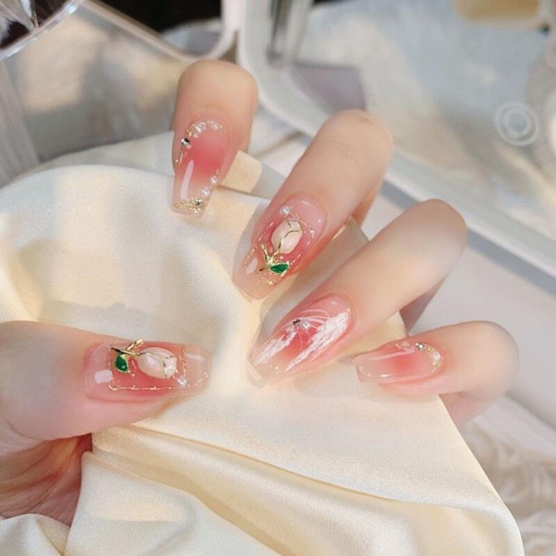 24Pcs Ballerina Long Square Nail Tips False Nails Wearable Fake Nails Butterfly Camellia Flower Pearl Design Press on Nails