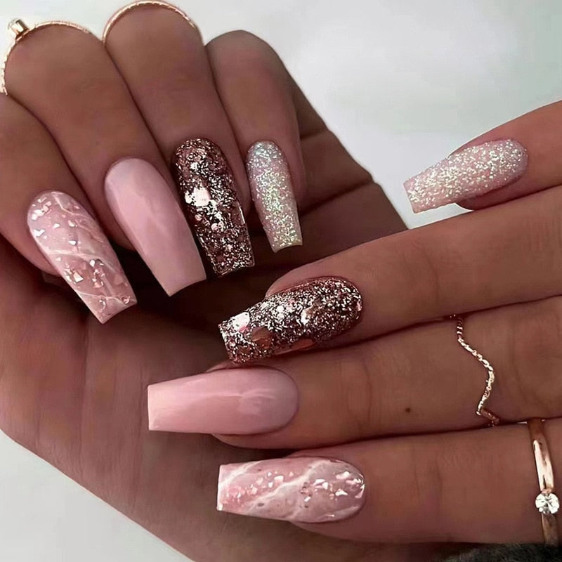 24Pcs White Long Coffin False Nails Glitter Ballet Wearable with French Design Fake nails Full Press on Nail Ins Nail Tips Art