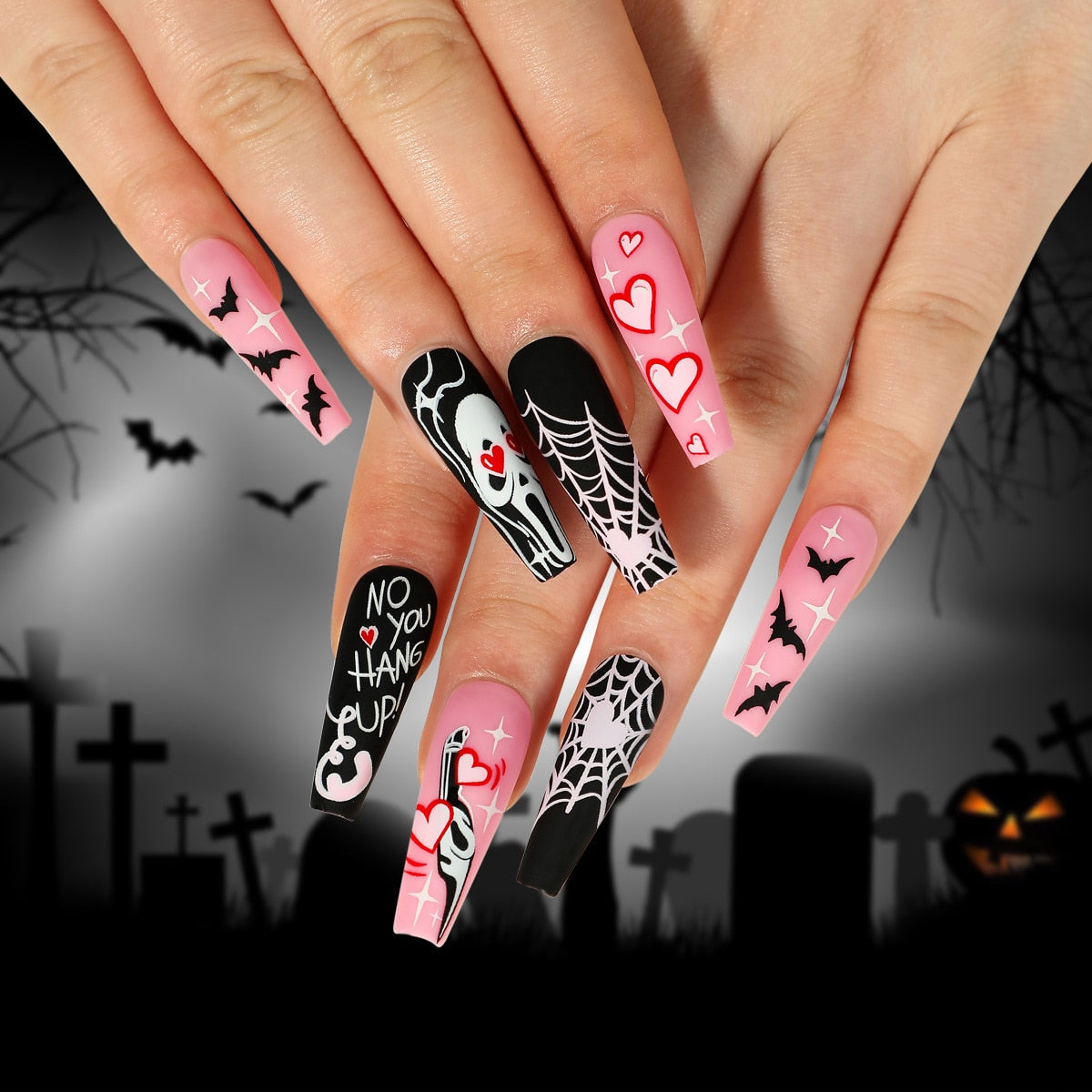 24Pcs Halloween False Nails Long Ballet Fake Nails with Ghost Cobweb Design Pink French Coffin Full Cover Press on Nail Tips