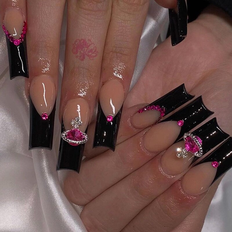 24pcs artificial nails pink french press on nails Sticker Fake Nails Tips With Glue Full Cover Detachable Finished Fingernails