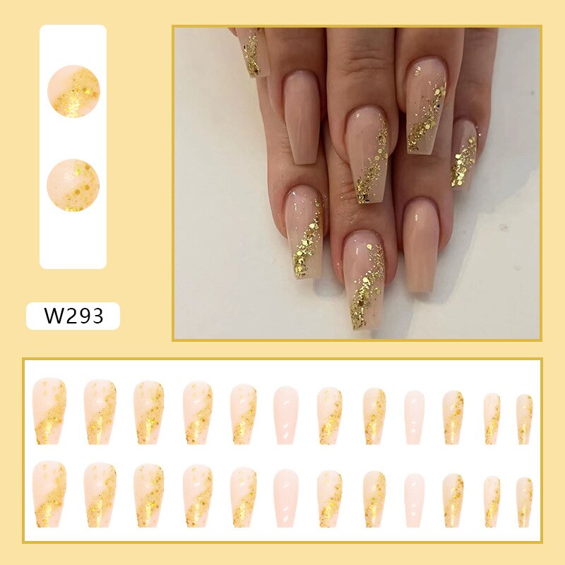 24Pcs Long Coffin False Nails Gold Glitter Sequins Designs Press On Full Cover Fake Nails Tips Wearable Manicure Art