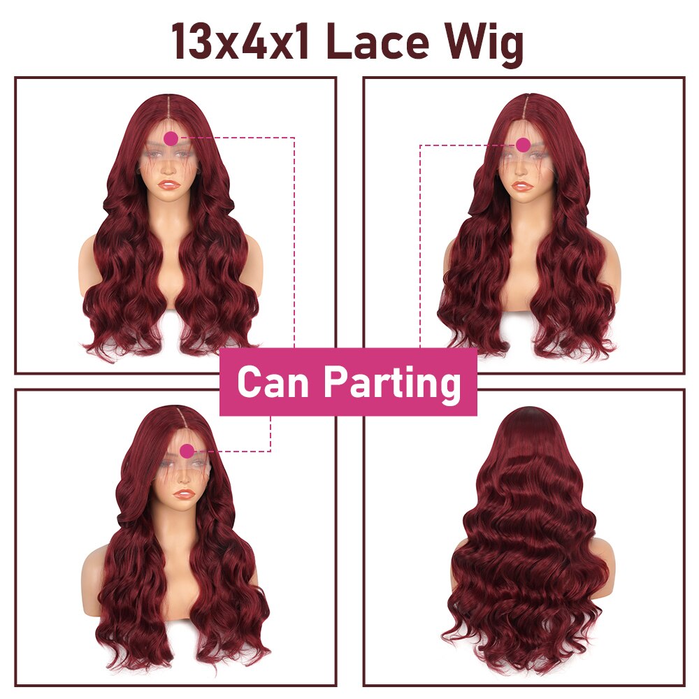 Burgundy Red Synthetic Lace Wigs For Women Red Black Long Body Wave Glueless Pre Plucked Hairline Wig With Baby Hair Cosplay