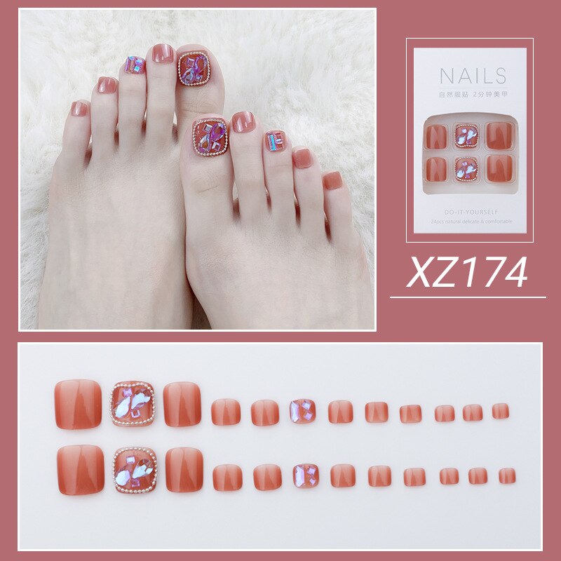 Gold Full Diamond Feet Nails Press On Fake Glitter Toe Nail Stickers Full Cover Toe Nail Tips False Foot Nails