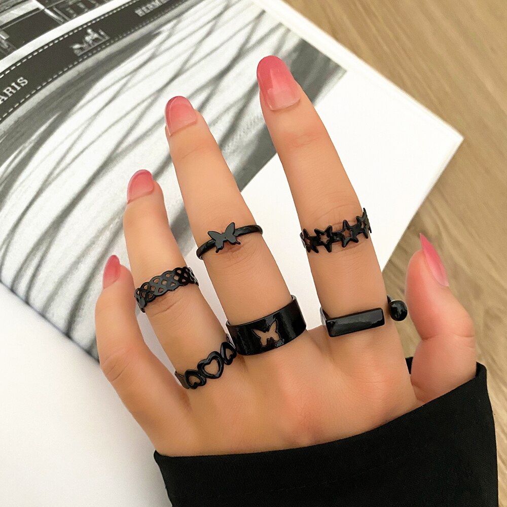 22pcs Heart Black Rings Set For Women Vintage Geometric Cross Pearl Butterfly Finger Rings Women Party Jewelry