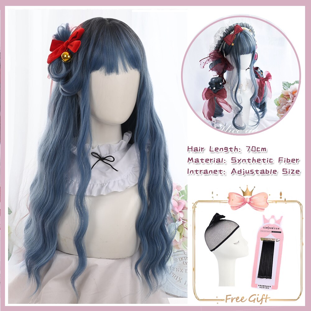 Cosplay Purple Blue High Gloss Bangs Synthetic Long Curly Hair Wig Lolita Women Heat-resistant Wig