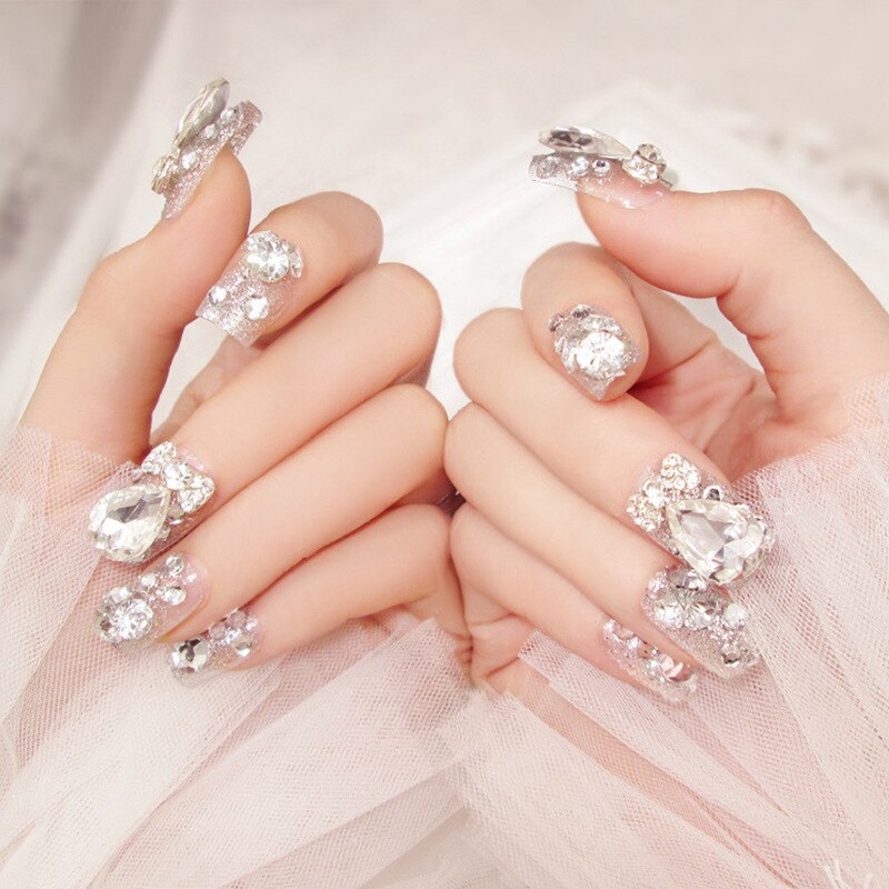 24Pcs/box Luxe Shining Rhinestone Wedding False Nails Transparent Glitter Gems Crown Designed Square Full Short nails Bride