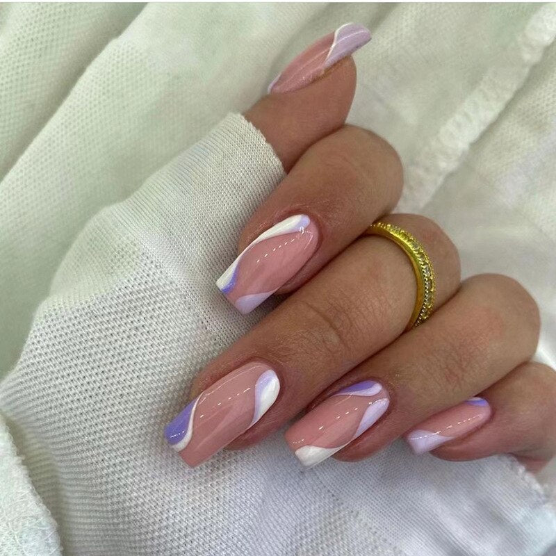 24Pcs Full Cover False Nails with Glue Long Square Coffin Fake Nails French Detachable Ballet Love Pattern Design Press on Nails