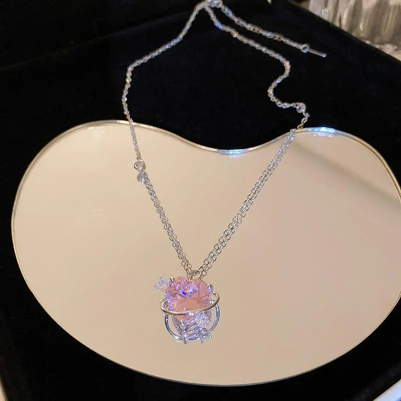 Pink Planet Heart Zircon Necklace Women Charm Aesthetic Clavicle Chain Necklace Valentines Day Gift Party Jewelry