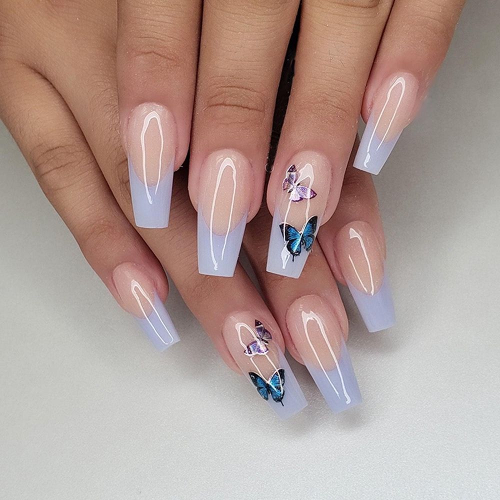 Lilac gradient Butterfly Pattern Fake Nails Full cover False Nails Extra Long Ballerina Coffin Nails Manicure Nail Art