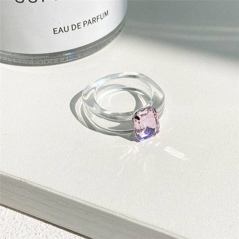 Colorful Transparent Resin Acrylic Crystal Rhinestone Simple Geometric Square Round Rings Set Jewelry