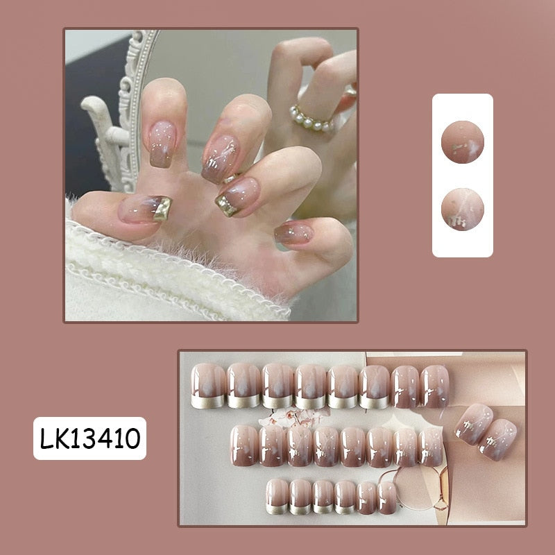 24pc Wearable Gradient fake Nails Nude pink natural Artificial Nails with glue coffin short ballet acrylic press on nails