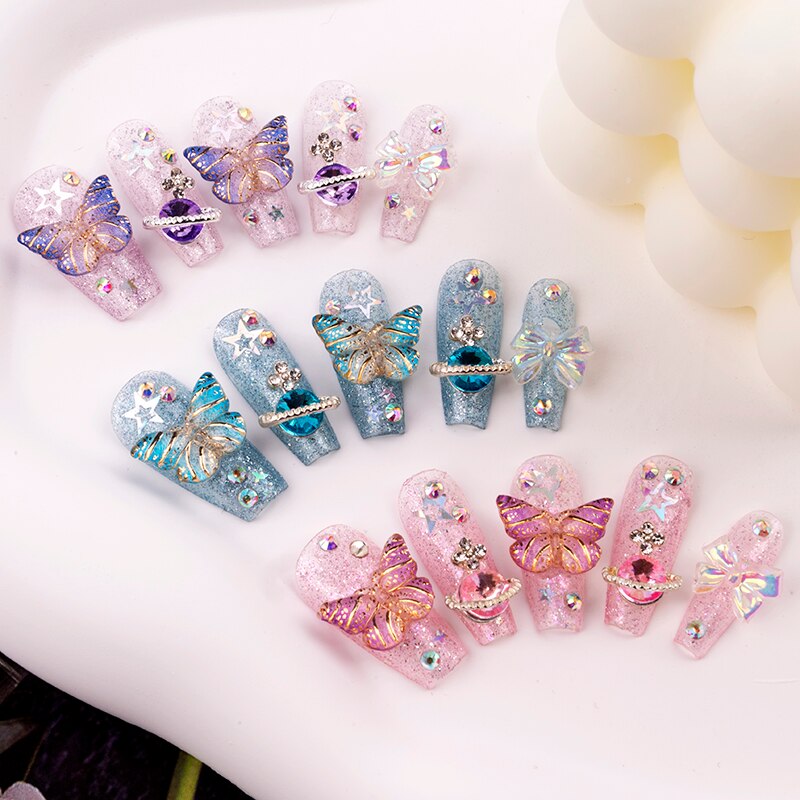 Purple Glitter Rhinestone Butterfly Handmade Press On Nails Y2K Long Short False Nails Girl Jewelry Reusable Fake Nails Tips