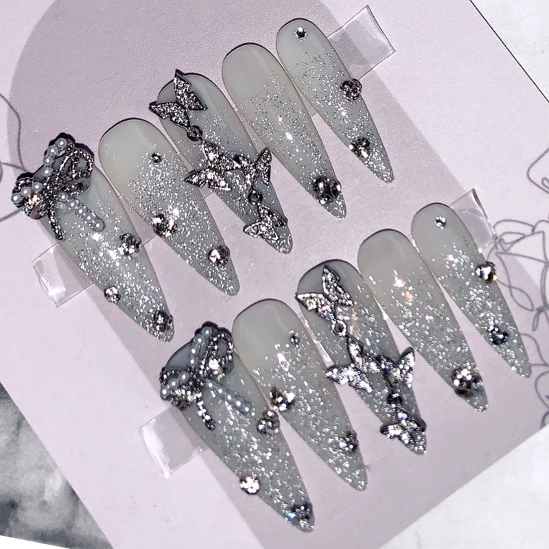 Butterfly Press On Nails Y2K Glitter Rhinestone Fake Nail With Glue Customized Handmade Long Coffin Stiletto False Nails Tips