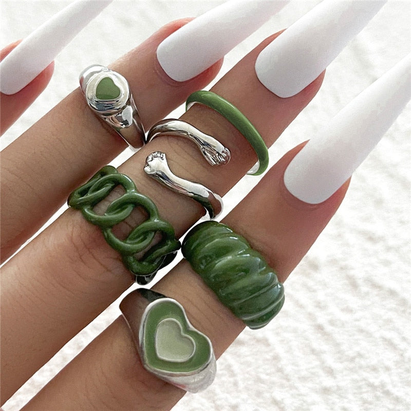 6pcs/set Luxury Green Rhinestone Rings for Women Vintage Crystal Snake Adjustable Metal Ring Set Jewelry