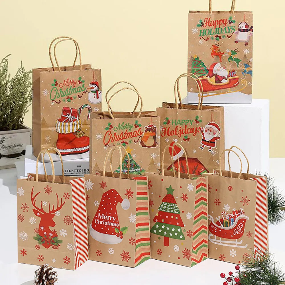 12pcs Christmas Gift Bag with Handles Kraft Paper Bags Santa Claus Snowman Xmas Party Candy Bag Cookie Present Bag Decor