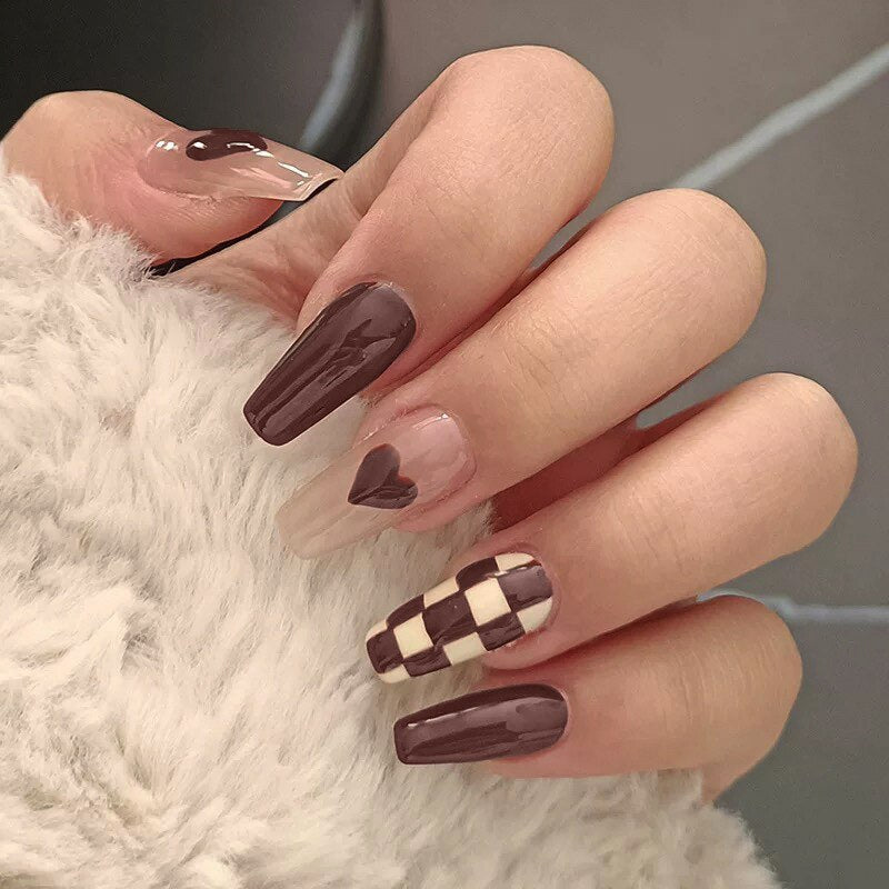 24PCS Khaki Nude Press On False Nails Tips Long Ballerina Pure Color Acrylic Fake Nails Coffin Full Cover Nail With Glue Designs