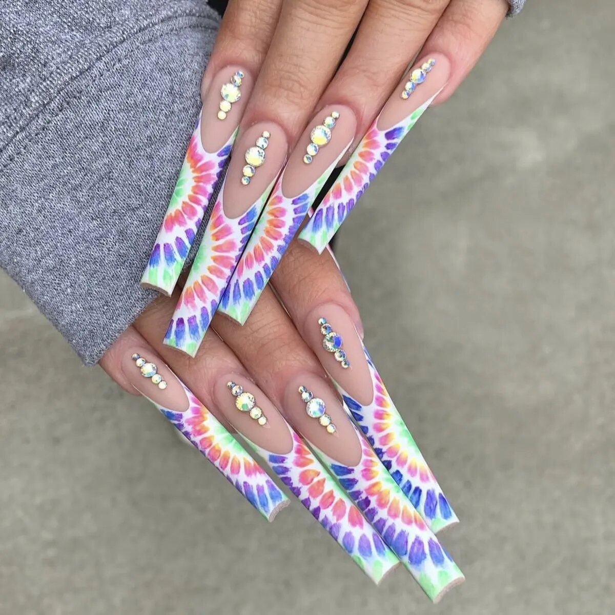 24Pcs Long Coffin White French False Nails Ballerina with Rhinestones Wearable Fake Nails Art Full Cover Press On Nails Tips