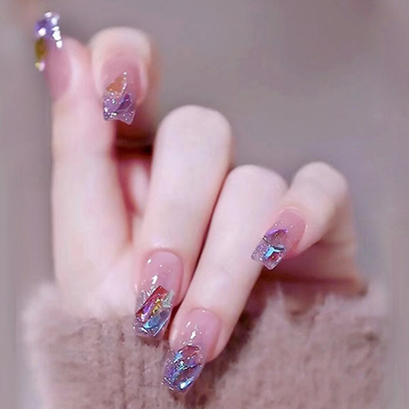 24pcs Wearable korean press on nails short ballet Artificial Nails with glue Cute sweet cool Pearl diamond Designs Fake Nails