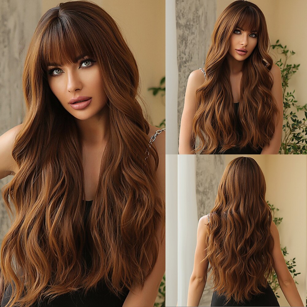 Brown Mixed Blonde Synthetic Wigs with Bang Long Natural Wavy Hair Wig for Women Daily Cosplay Use Heat Resistant