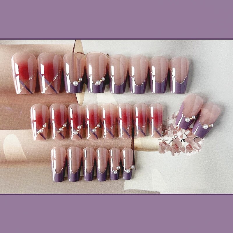 24pcs Wearable Purple Halo Pearl Press on nails Green Lawn Butterfly decorated fake nails with glue False Nails with Diamonds