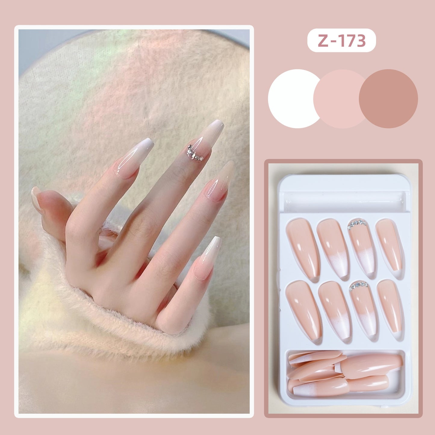 24pcs/Box Long Coffin False Nails Art Rose with Glue Wearable Nude Pink White Color Jelly Nails Tips Full Cover Press On Nails