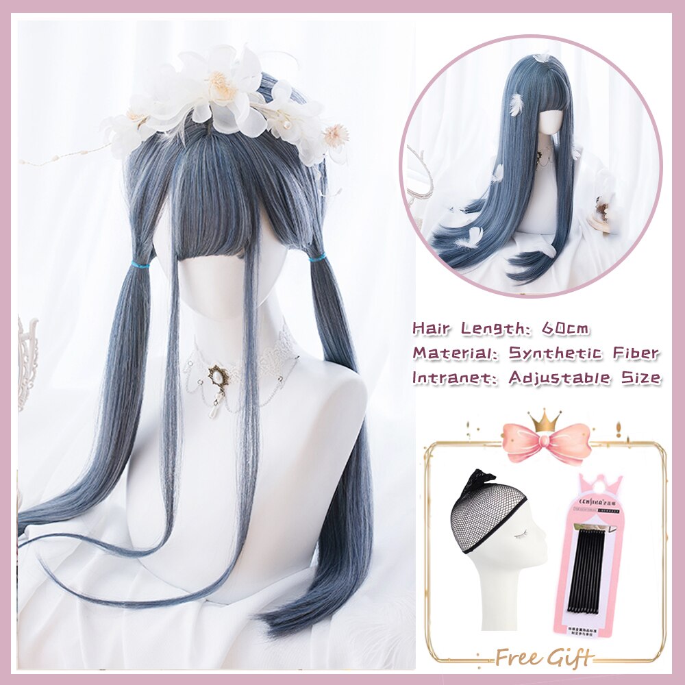 Cosplay Purple Blue High Gloss Bangs Synthetic Long Curly Hair Wig Lolita Women Heat-resistant Wig