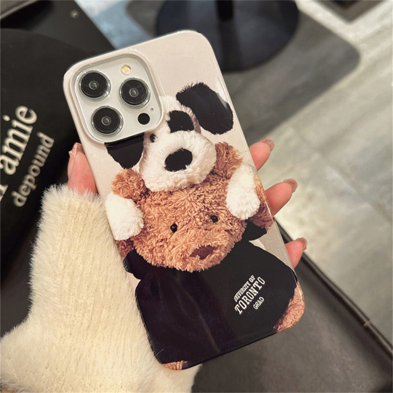 Korean Cute Bear Dog Couple Phone Case For iPhone 15 14 13 12 11 Pro Max Mini X XR 7 8 Plus SE 3 Glossy Shockproof Soft Cover