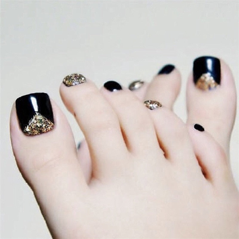 24pcs/box Fake Toenails With Designs Artificial Press On Nail Tips Full Cover Over Head False Nails With Glue Nail Art