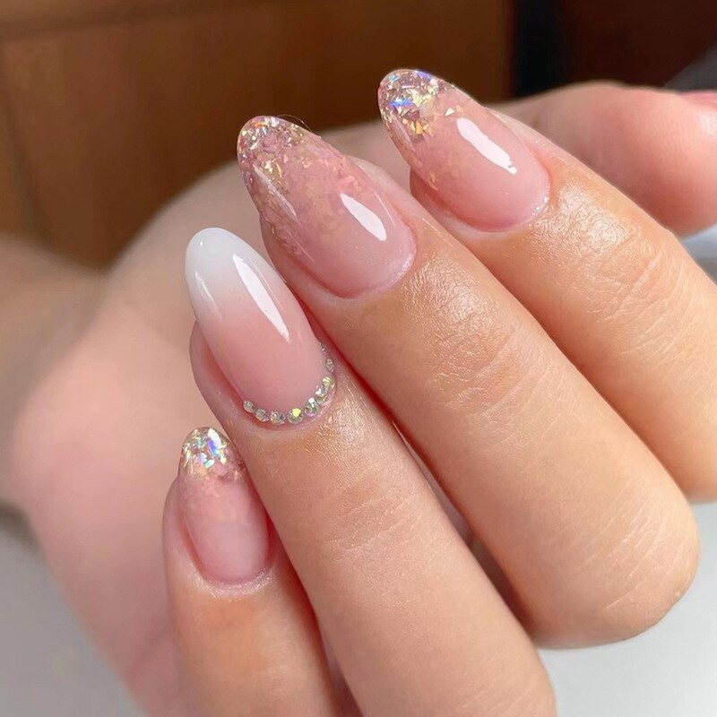 24pcs Long gradient nude false nail with glue simple artifical press on nails acrylic nails natural stick on nails set