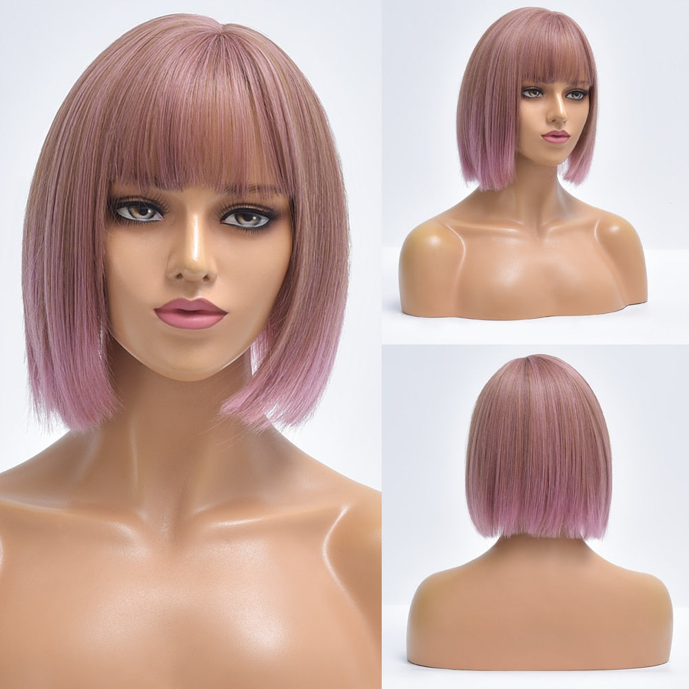 Blonde Red Short Bob Wig Synthetic Wig For Women With Bangs Lolita Cosplay Party Natural Hair Heat Resistant Fiber Wigs