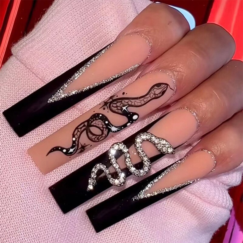 24Pcs Leopard Design False Nails Long Coffin Fake Nails with Rhinestone Wearable Ballet Press on Nails Full Cover Nail Tips