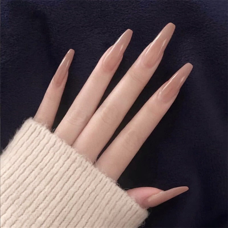 24pcs/Box Long Stiletto False Nails with Glue Red Nude Pink White MilkTea Color Jelly Nails Tips Full Cover Press On Nails