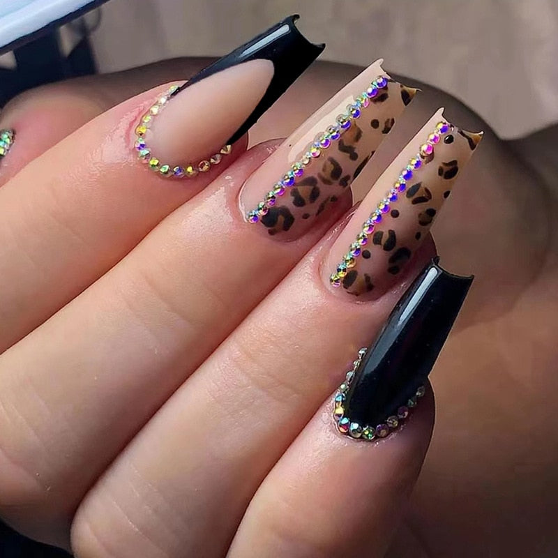 24Pcs Long Coffin False Nails with Glue Wearable Brown Fake Nails with   Rhinestones Ballet Press on Nails Full Cover Nail Tips