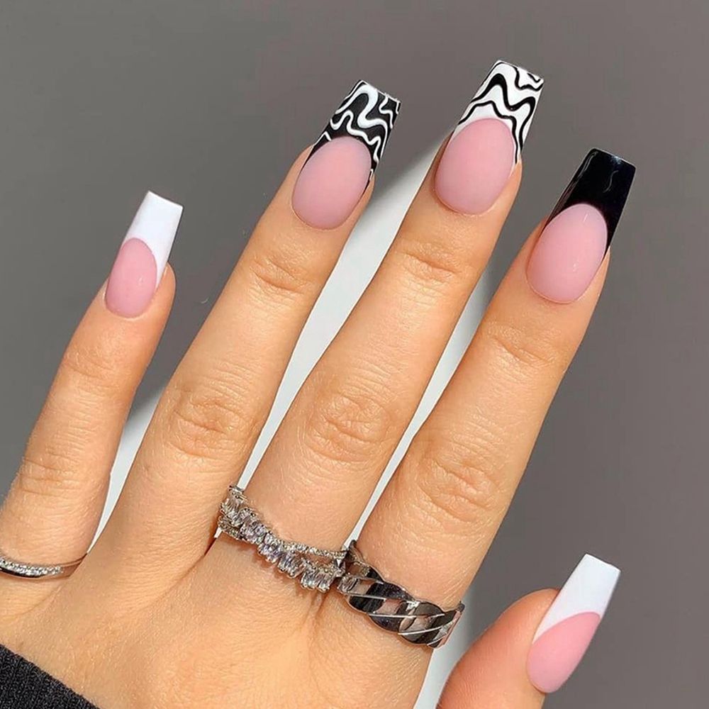 Pink Cow Design False Nail French Full Cover Long Coffin Fake Nails Glue DIY Manicure Nail Art Tools press on nails nail tips