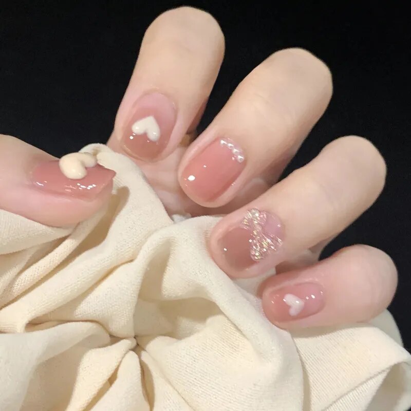 24pcs Wearable korean press on nails short ballet Artificial Nails with glue Cute sweet cool Pearl diamond Designs Fake Nails