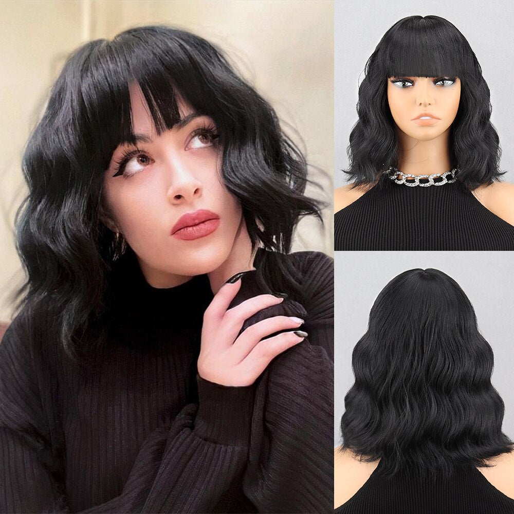 Short Bob Brown Dark Blue Synthetic Wig Women's Bangs Dark Blue Pink Black Wig Lolita Party Cosplay Everyday Use Natural Hair