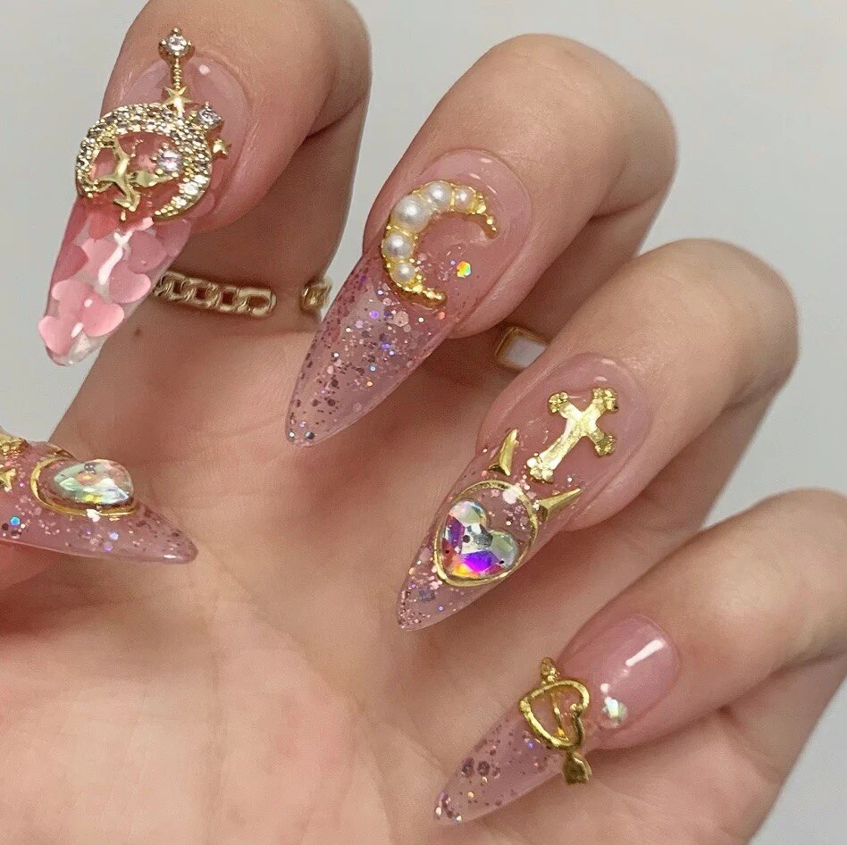 Handmade Pink Glittery Y2K Fake Nail With Glue Detachable Luxury False Nails Tips Reusable Press On Nails Coffin Manicure Art