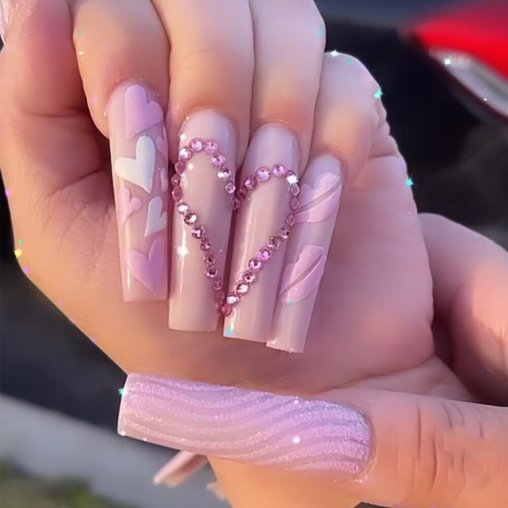 24pcs artificial nails pink french press on nails Sticker Fake Nails Tips With Glue Full Cover Detachable Finished Fingernails