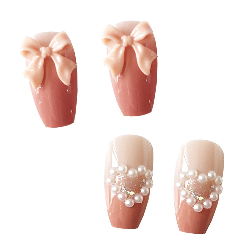 24Pcs French Coffin Pearl Bow False Nails Artificial Ballerina Fake Nails Full Cover Nail Tips Press On Nails With Press Glue