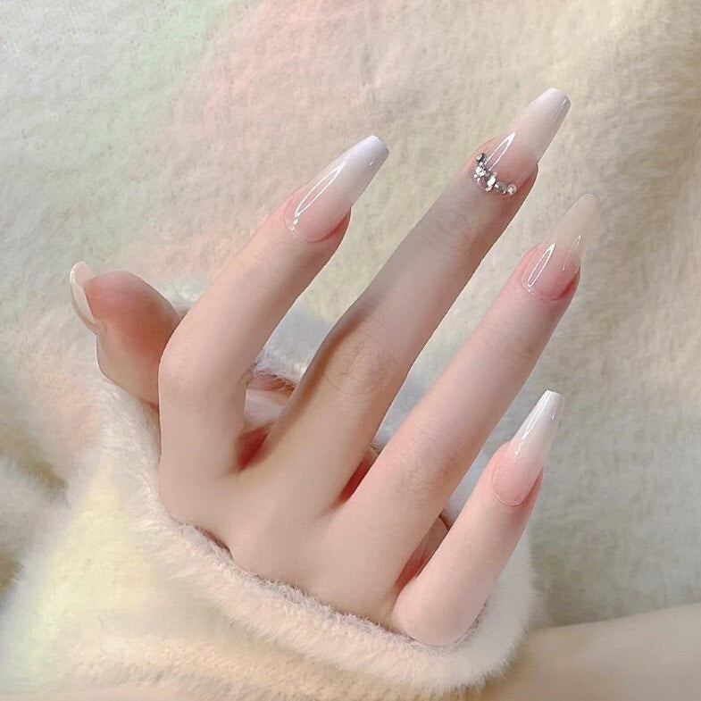 24pcs/Box Long Coffin False Nails Art Rose with Glue Wearable Nude Pink White Color Jelly Nails Tips Full Cover Press On Nails