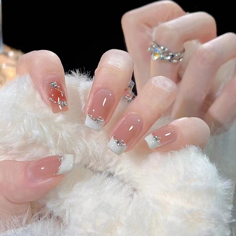 24pcs/box gradient French artifical nails with glue shiny star Fake Nails Lovely Girl korean press on nails ballerina False Nail