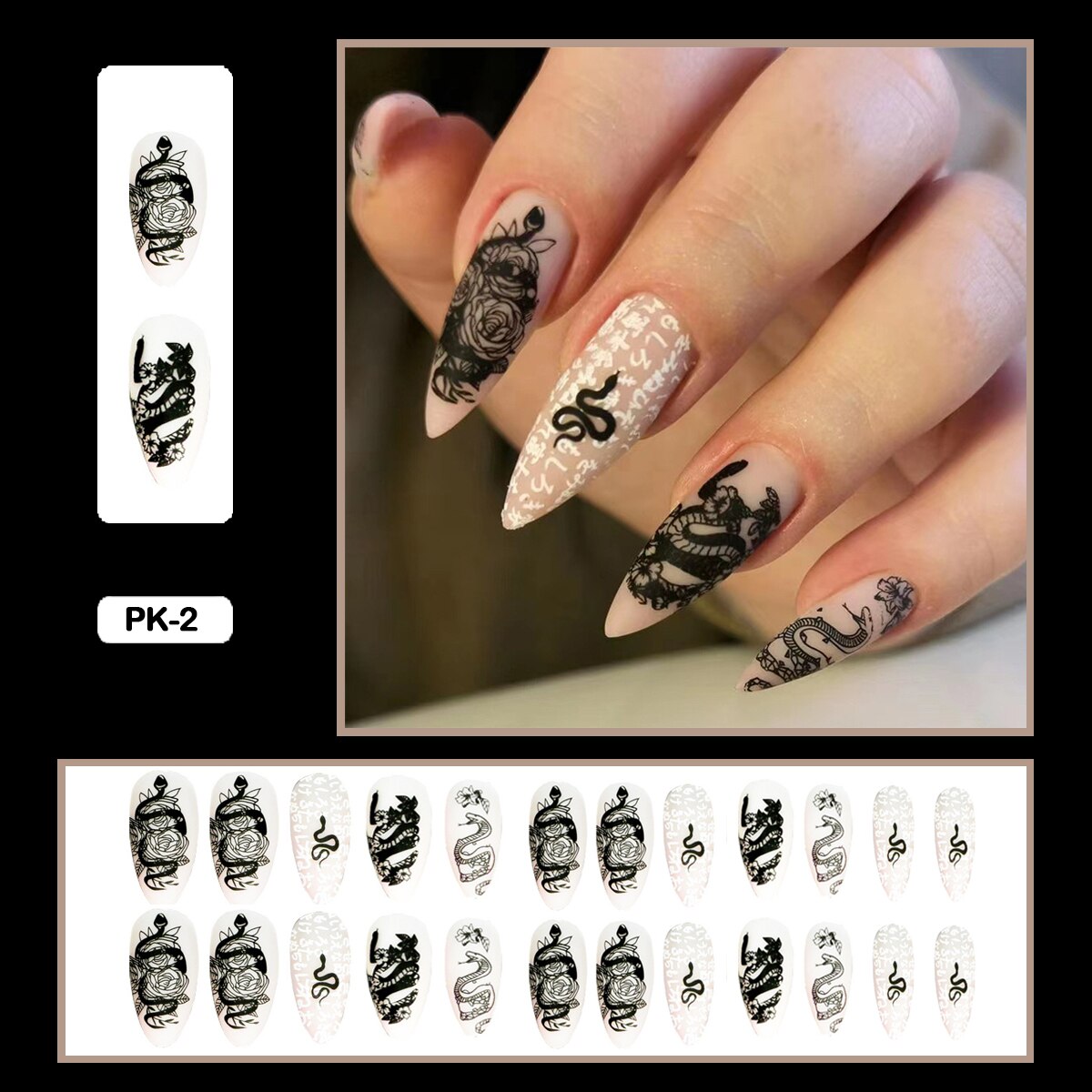 24PCS Dark Punk False Nails with Glue Gradient Long Detachable Fire Stick on Nails Skull Flame  Art DIY Fashion Manicure Tool