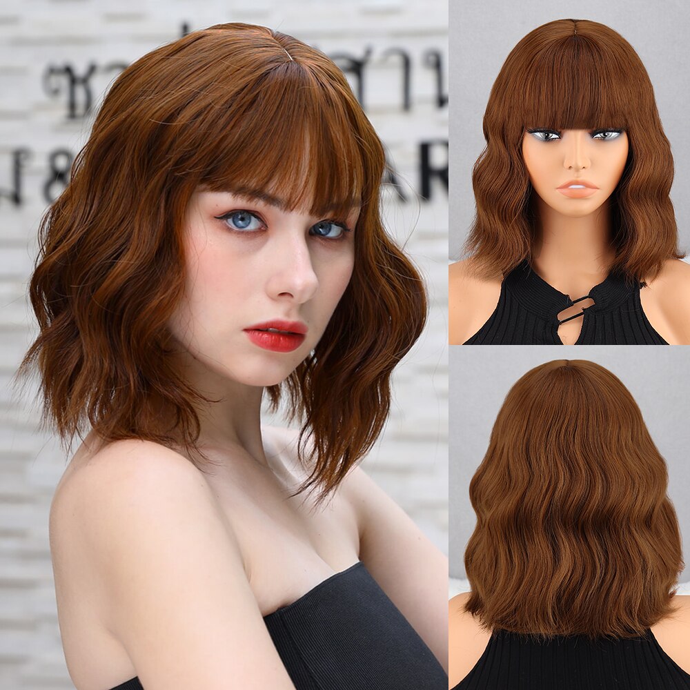 Short Bob Brown Dark Blue Synthetic Wig Women's Bangs Dark Blue Pink Black Wig Lolita Party Cosplay Everyday Use Natural Hair