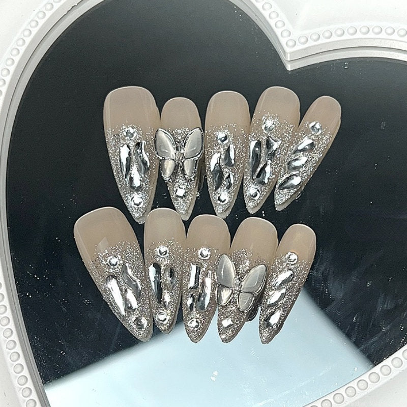 Butterfly Press On Nails Y2K Glitter Rhinestone Fake Nail With Glue Customized Handmade Long Coffin Stiletto False Nails Tips