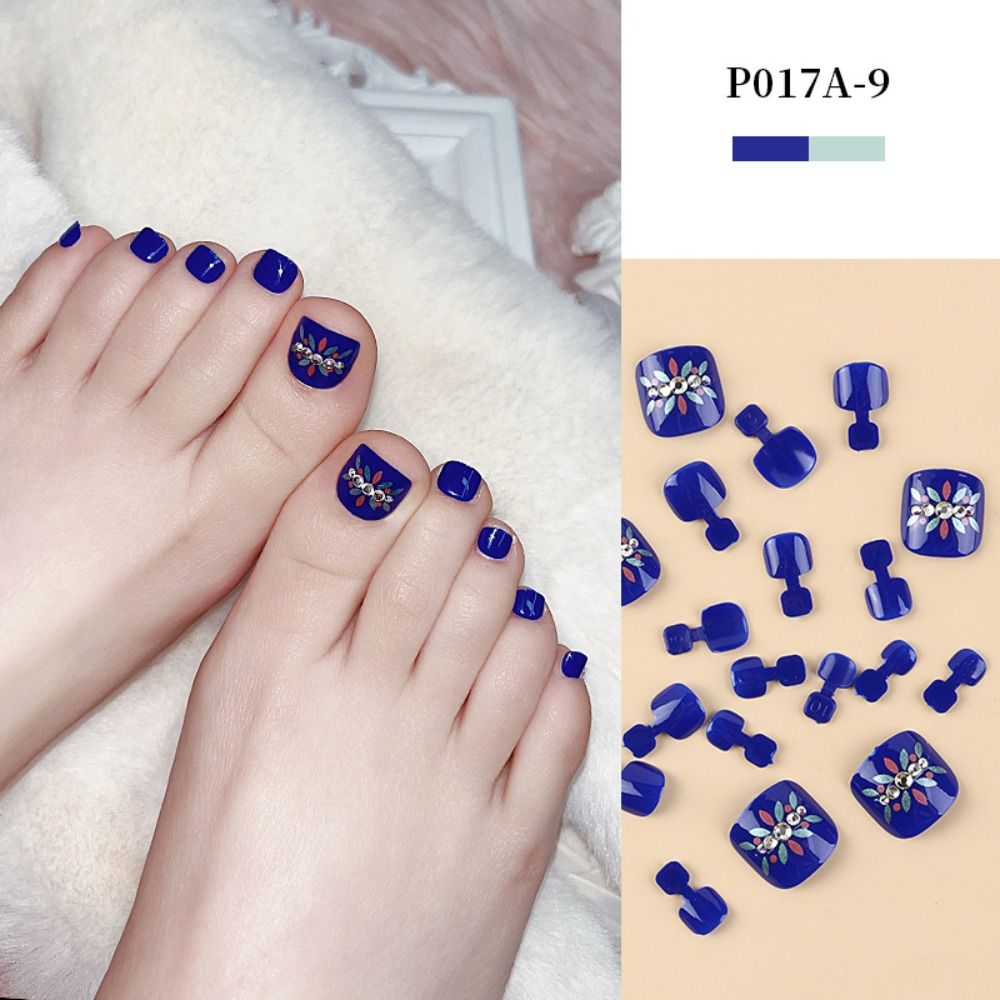 Artificial Toenails Glitter Rhinestones Sequins Fake Toenails Full Cover Short Square Toe Nails Foot Nails Tips for Women Girls