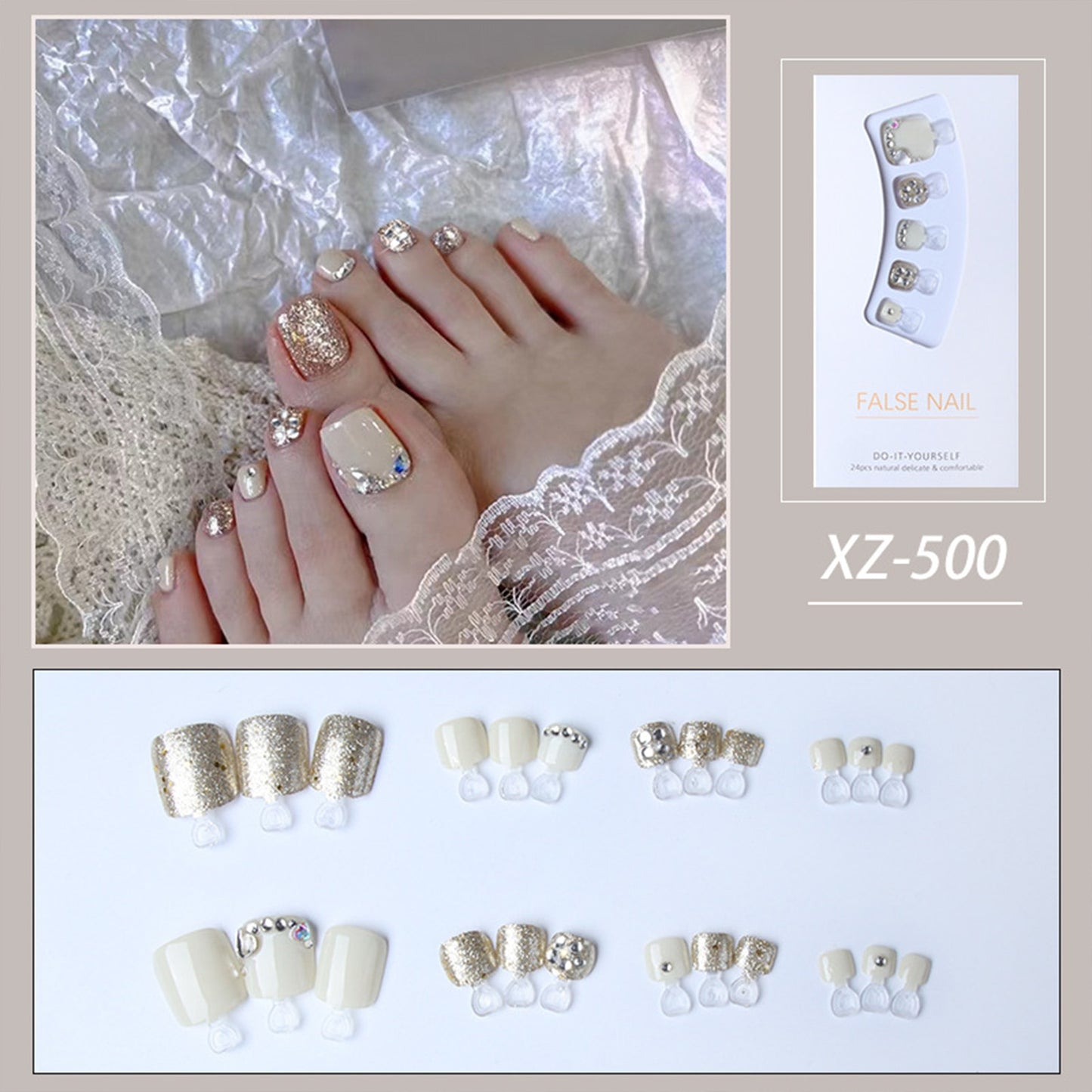 Gold Full Diamond Feet Nails Press On Fake Glitter Toe Nail Stickers Full Cover Toe Nail Tips False Foot Nails