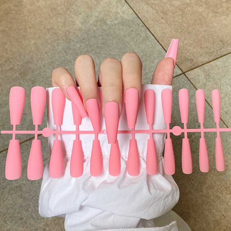 24Pcs/Sheet Matte Fake Nails Full Cover Ballet Fake Nail Elegant Solid Color Long Coffin False Nails Art Artificial Fingernails